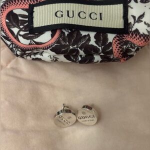 GUCCI Trademark Logo .925 Sterling Silver Round Stud Earrings w/Pouch